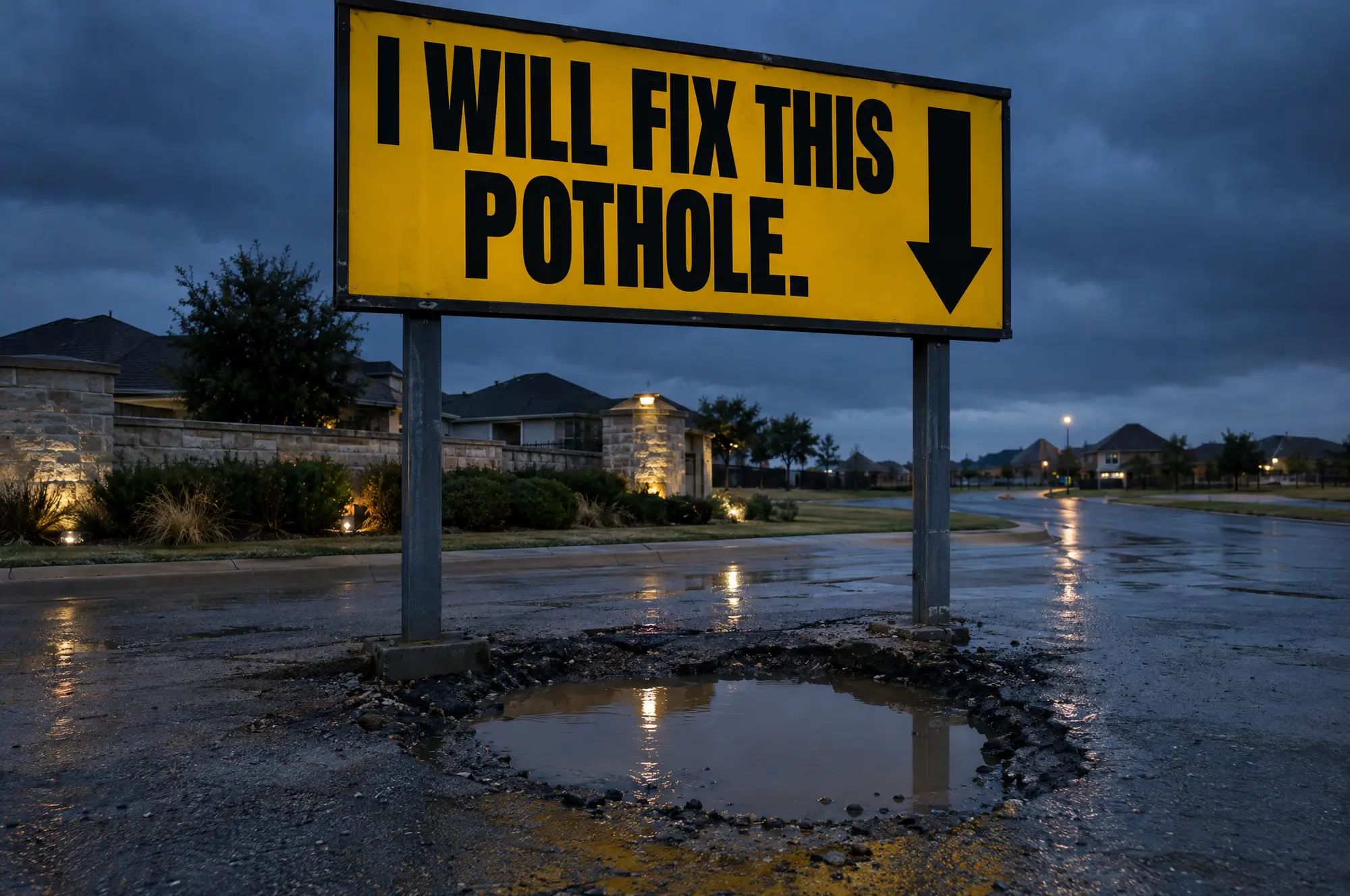 A yellow roadside billboard reading "I will fix this pothole." with an arrow pointing down at a pothole in the road below it
