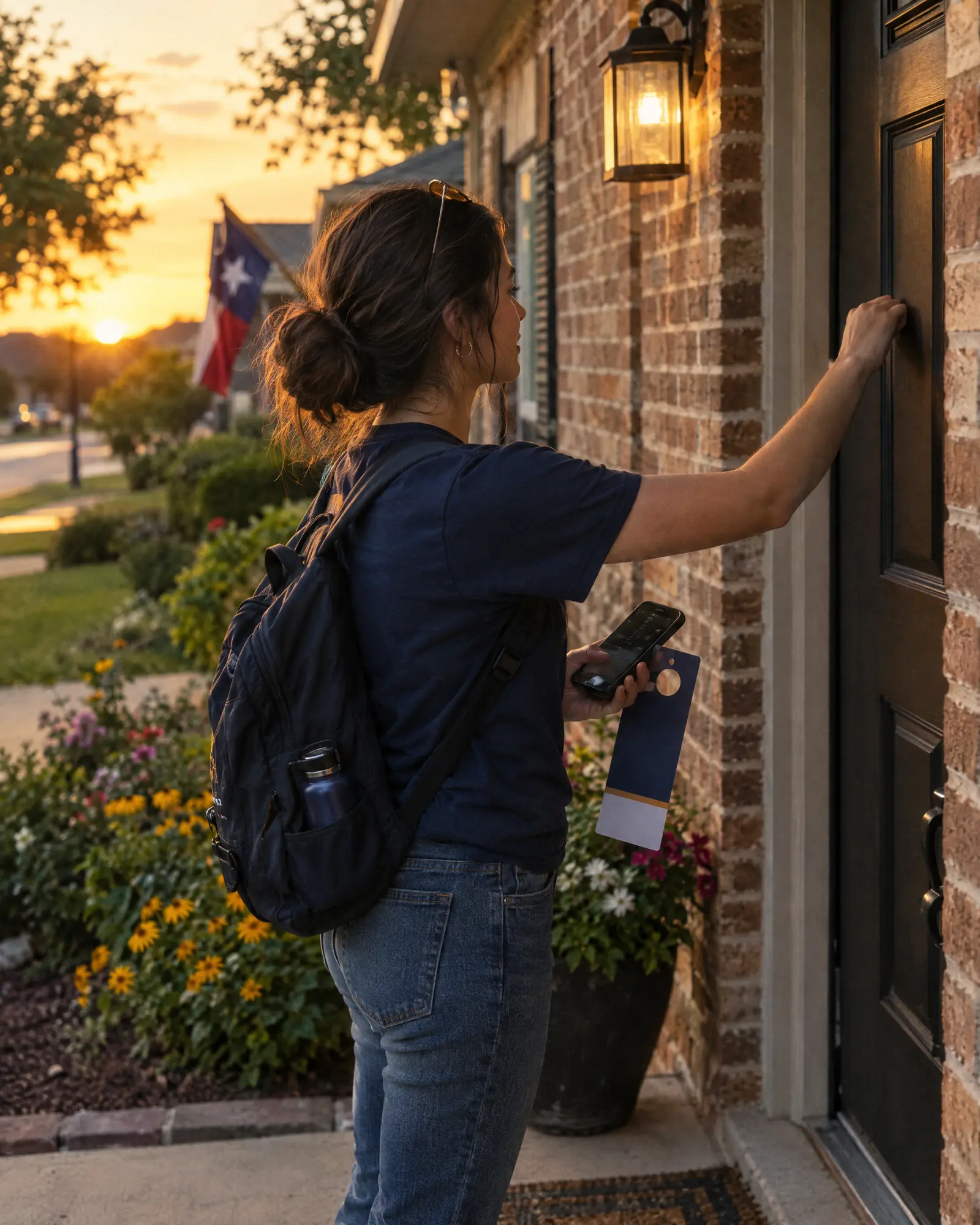 A block walker at a front door holding a phone
