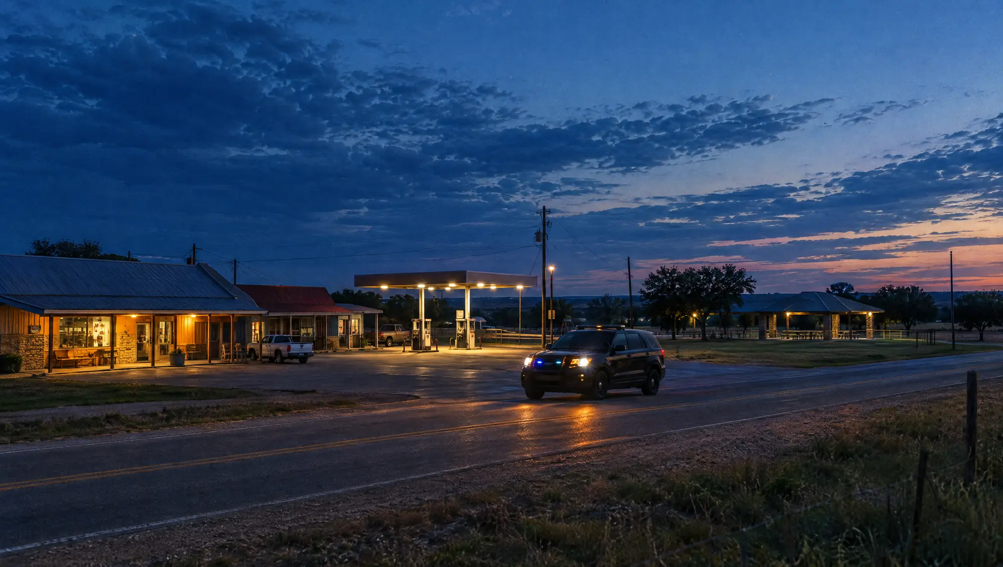 An unincorporated Texas crossroads at blue hour with shops and a patrol vehicle