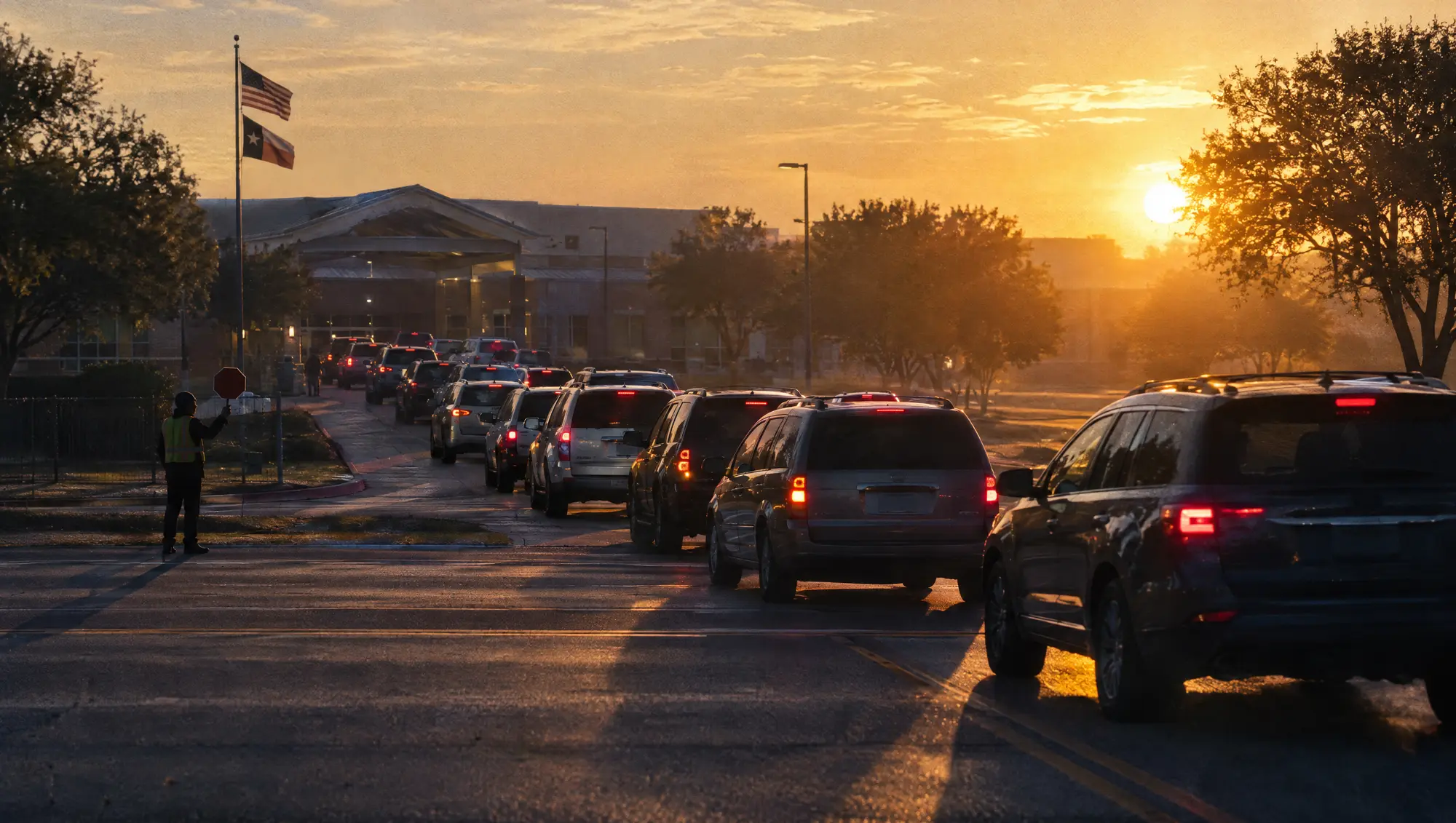 A school drop off line backed up onto a main road at sunrise