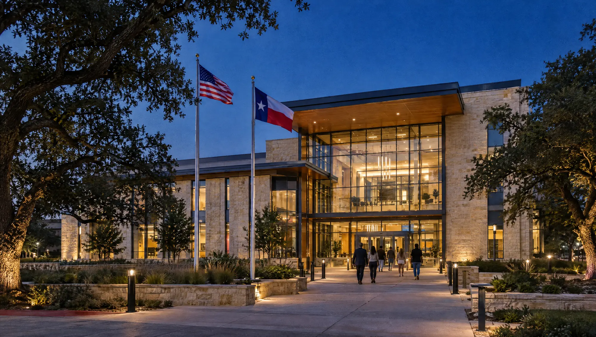 A suburban Texas city hall at blue hour