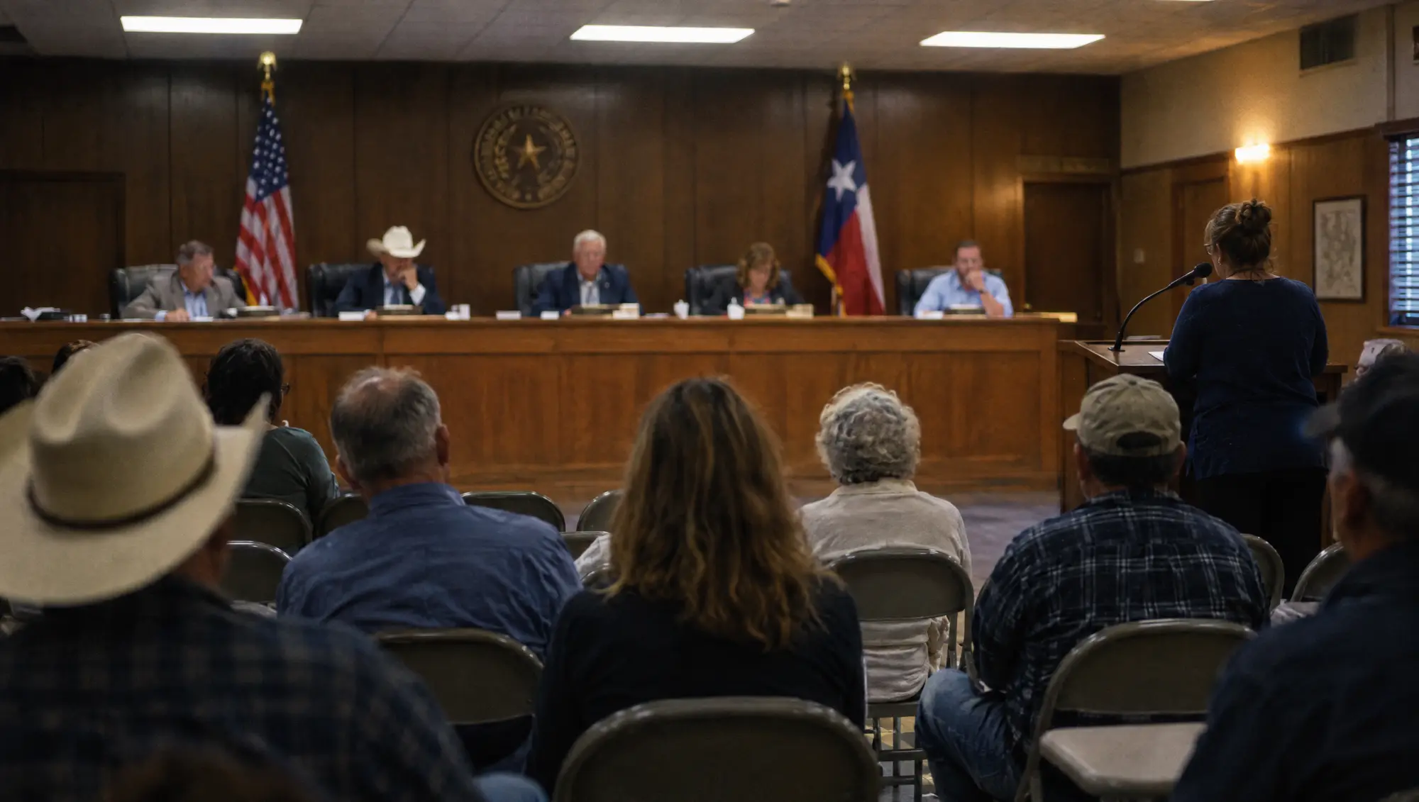 Residents attending a Texas county commissioners court meeting as one speaks at the podium