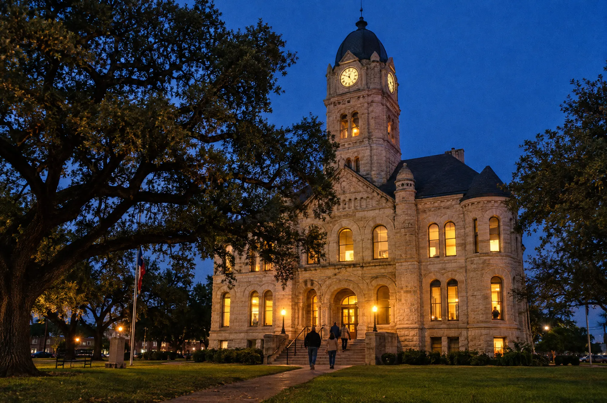 A historic Texas county courthouse at blue hour with voters walking up the steps