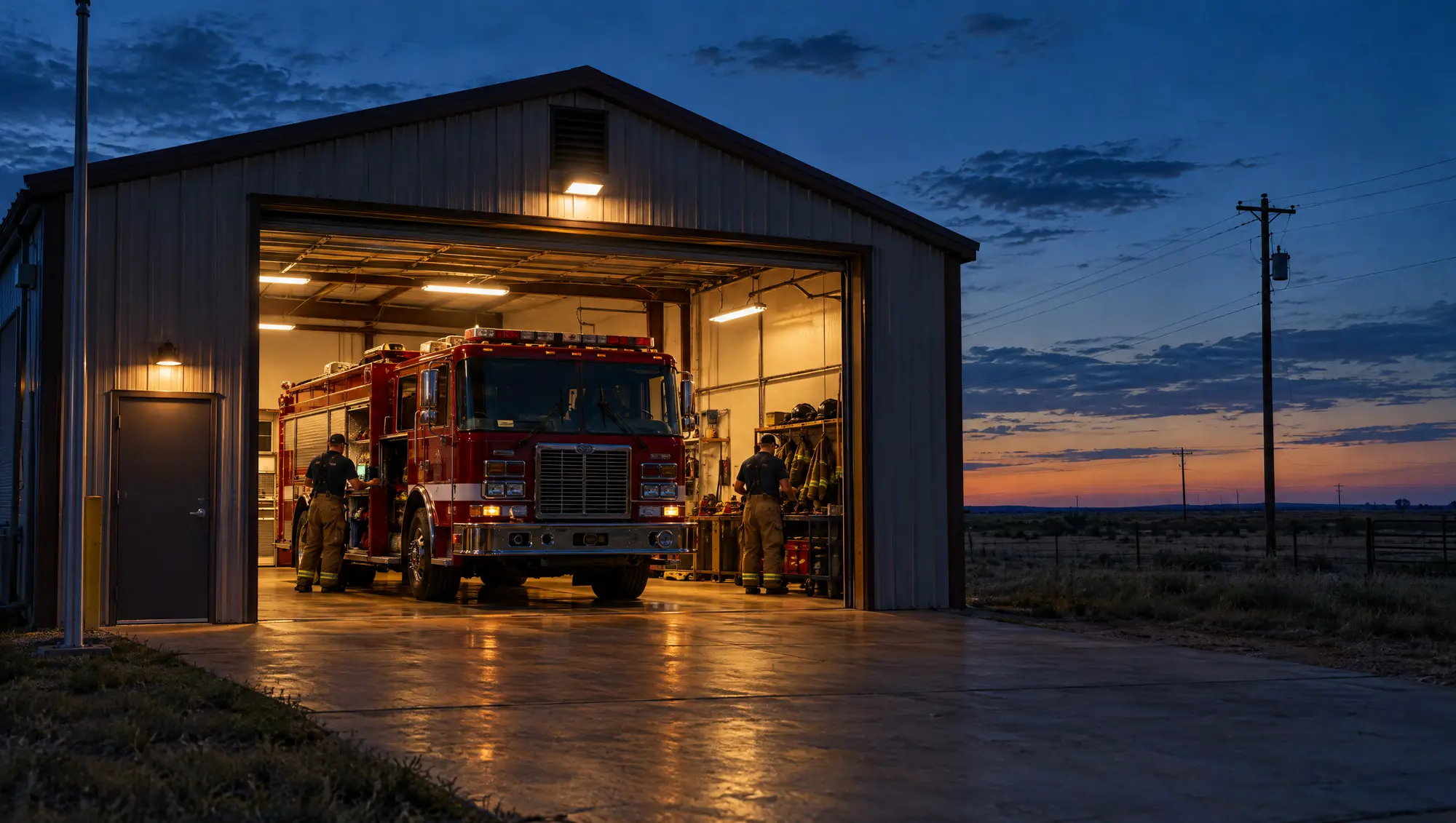 A rural Texas fire station at dusk with a fire engine in the open bay