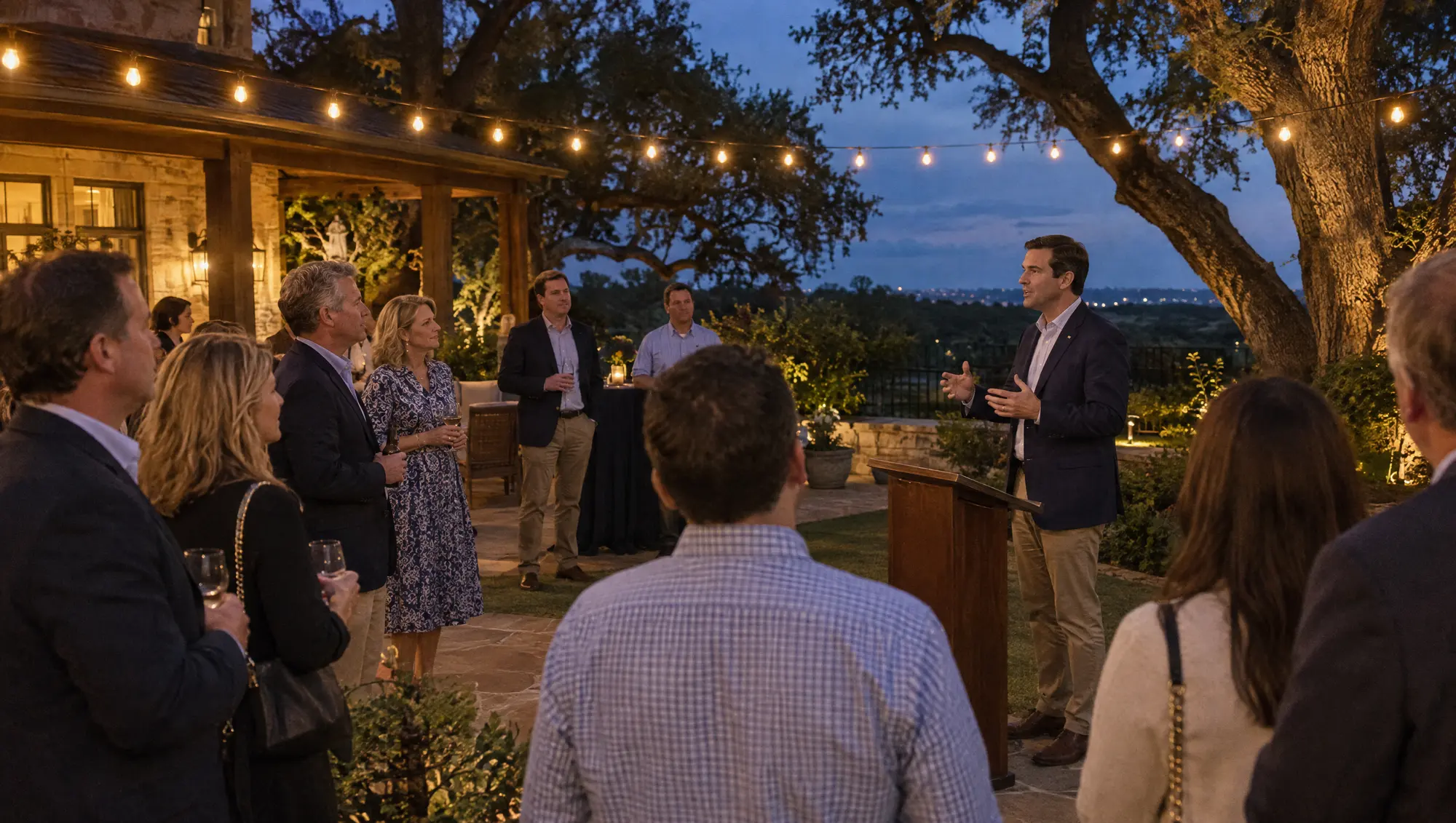 Guests at an evening fundraising reception in a Texas backyard under string lights, listening to a candidate
