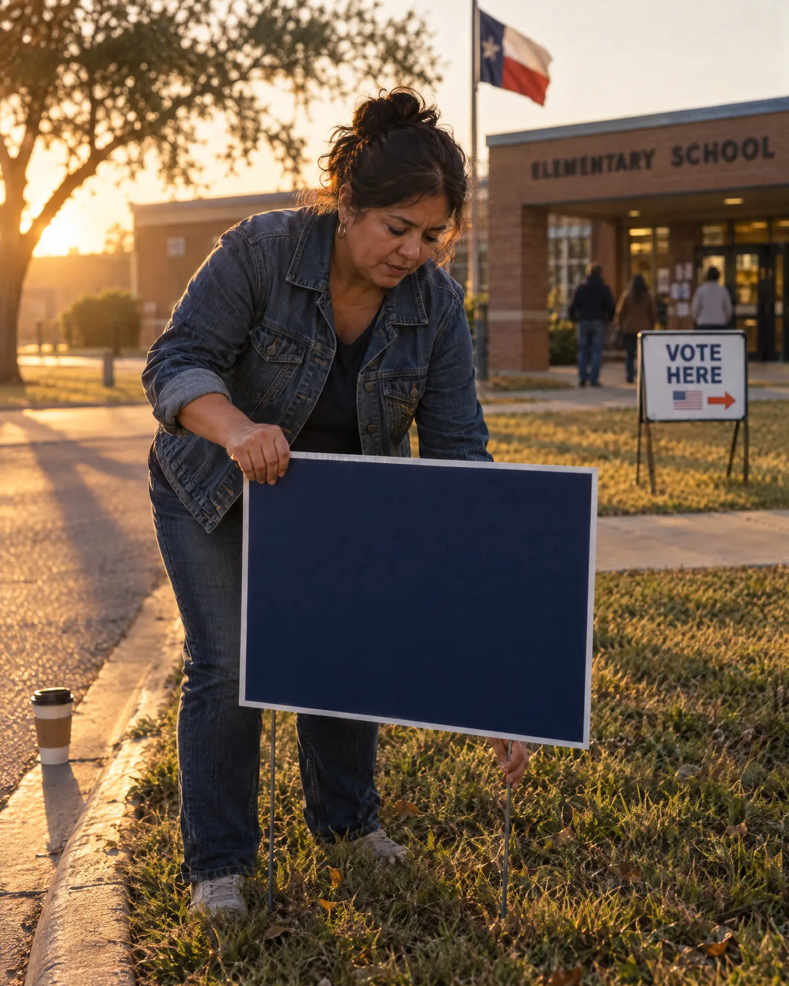 A volunteer setting a campaign sign outside an elementary school polling place at sunrise