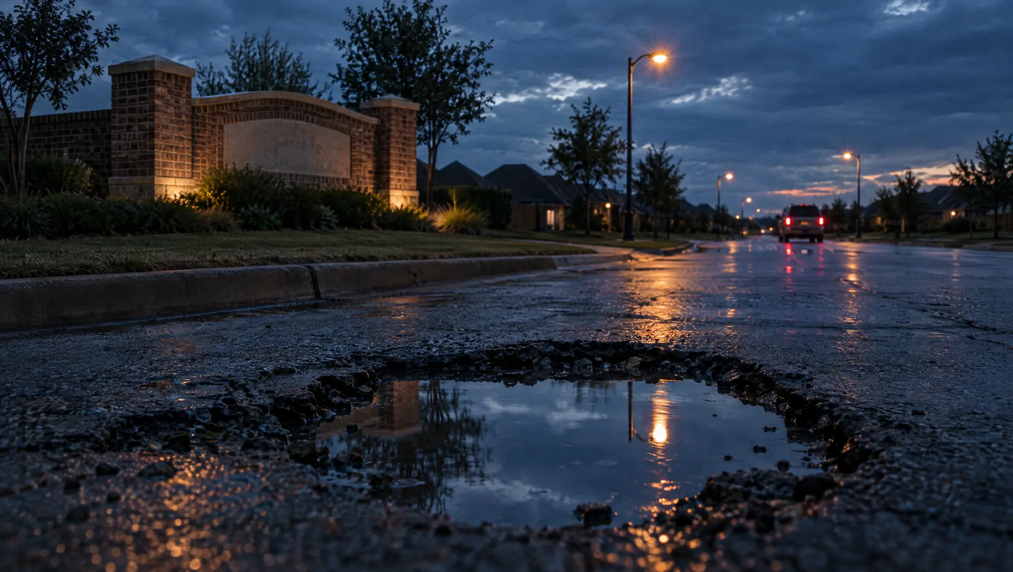 A water filled pothole at the entrance to a Texas subdivision at dusk