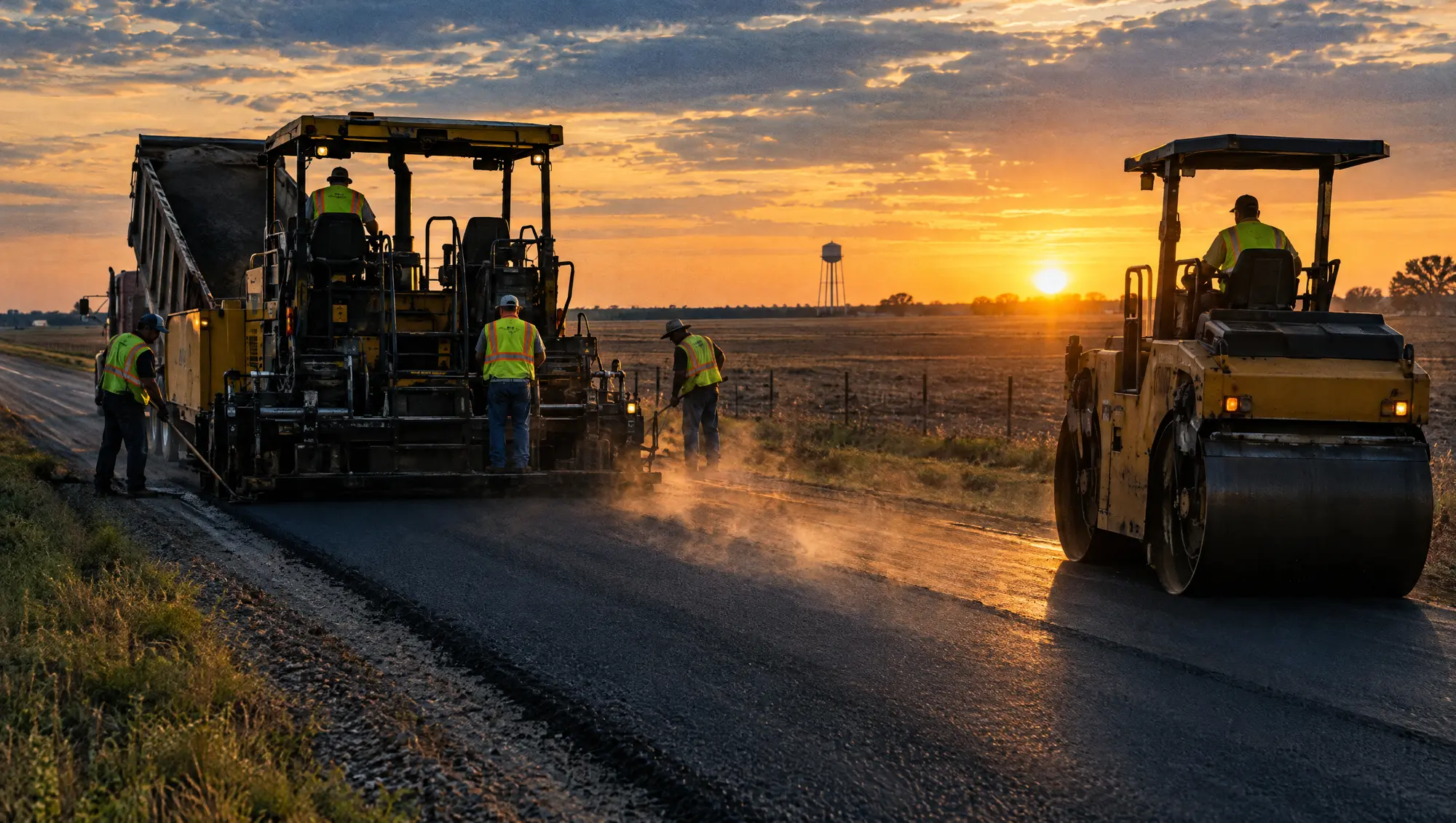 A county road crew paving a two lane Texas road at golden hour