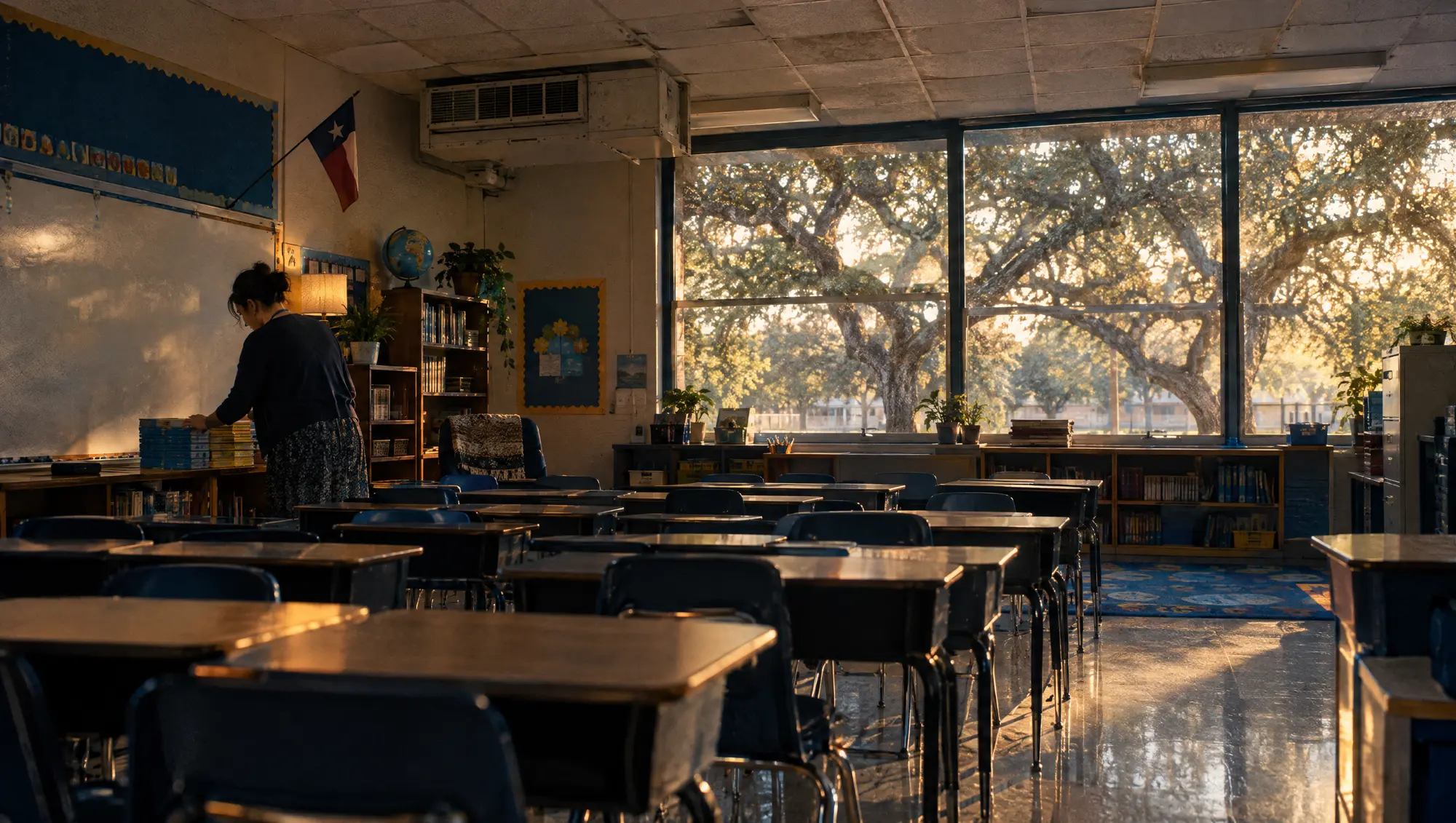 An empty Texas elementary school classroom in late afternoon light with an older HVAC unit visible