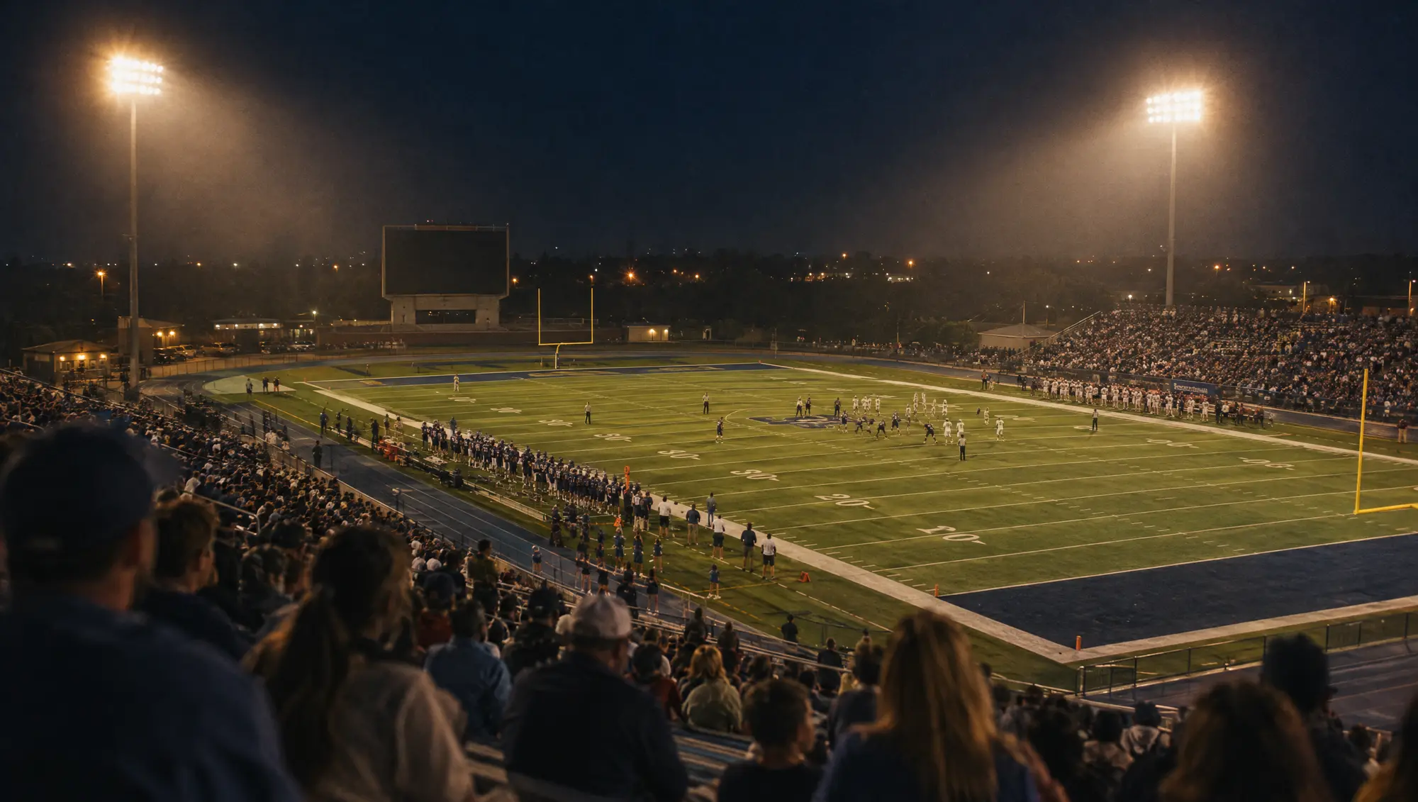 A Texas high school football stadium under the lights on a Friday night