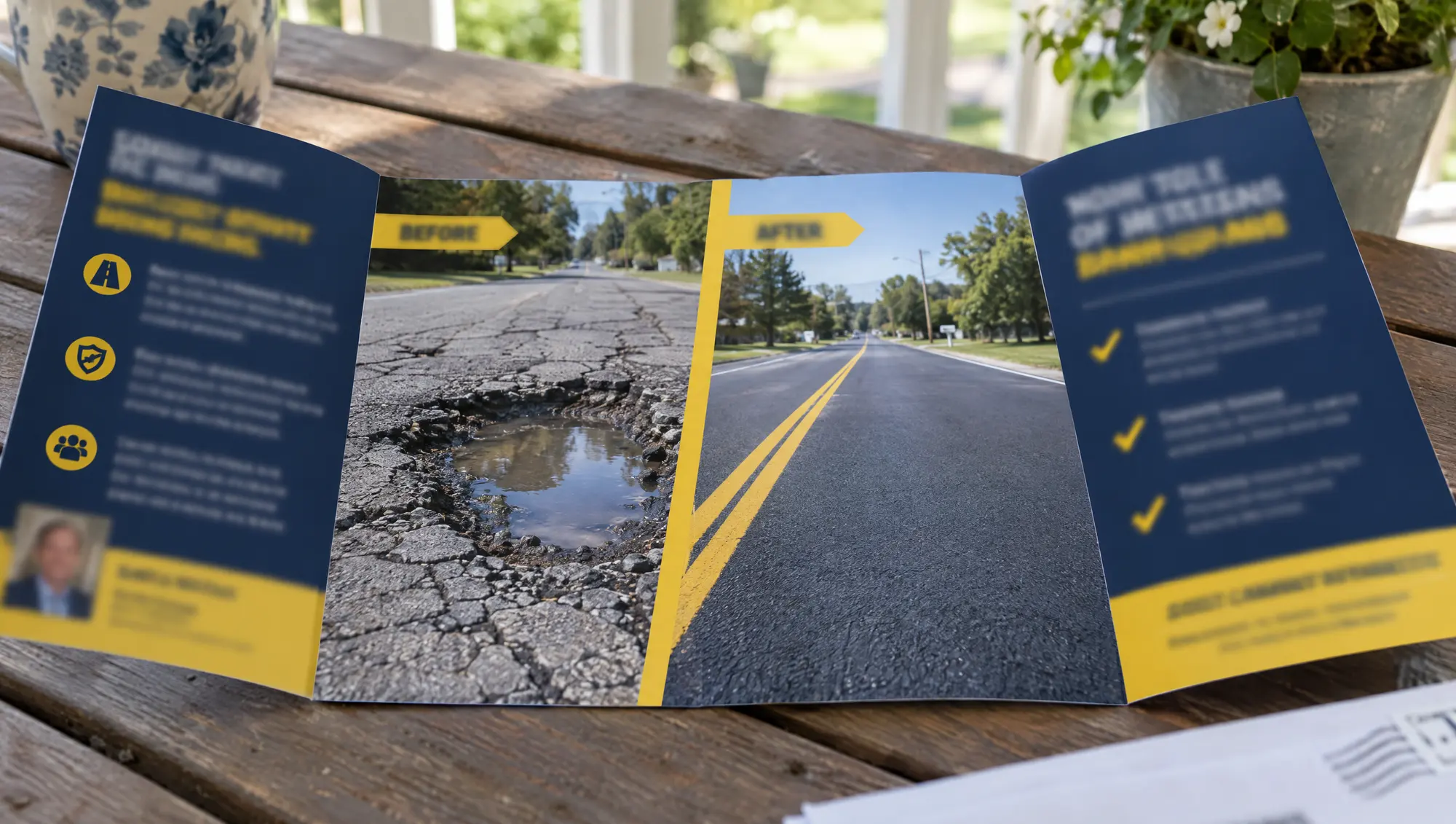 A mail piece showing a road with a pothole on one side and the same road repaved on the other