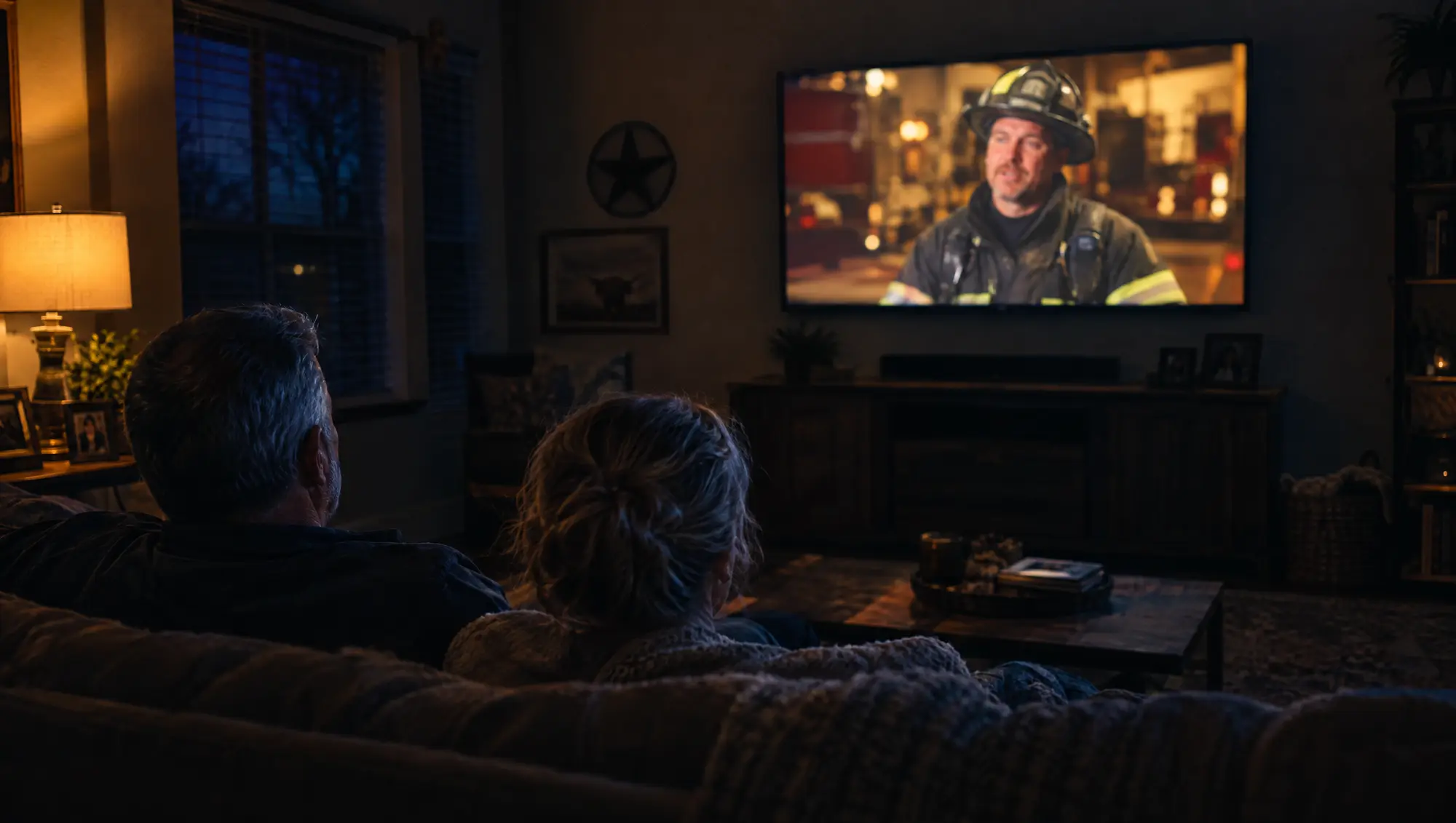 An older couple on a sofa watching a streaming TV spot featuring a firefighter