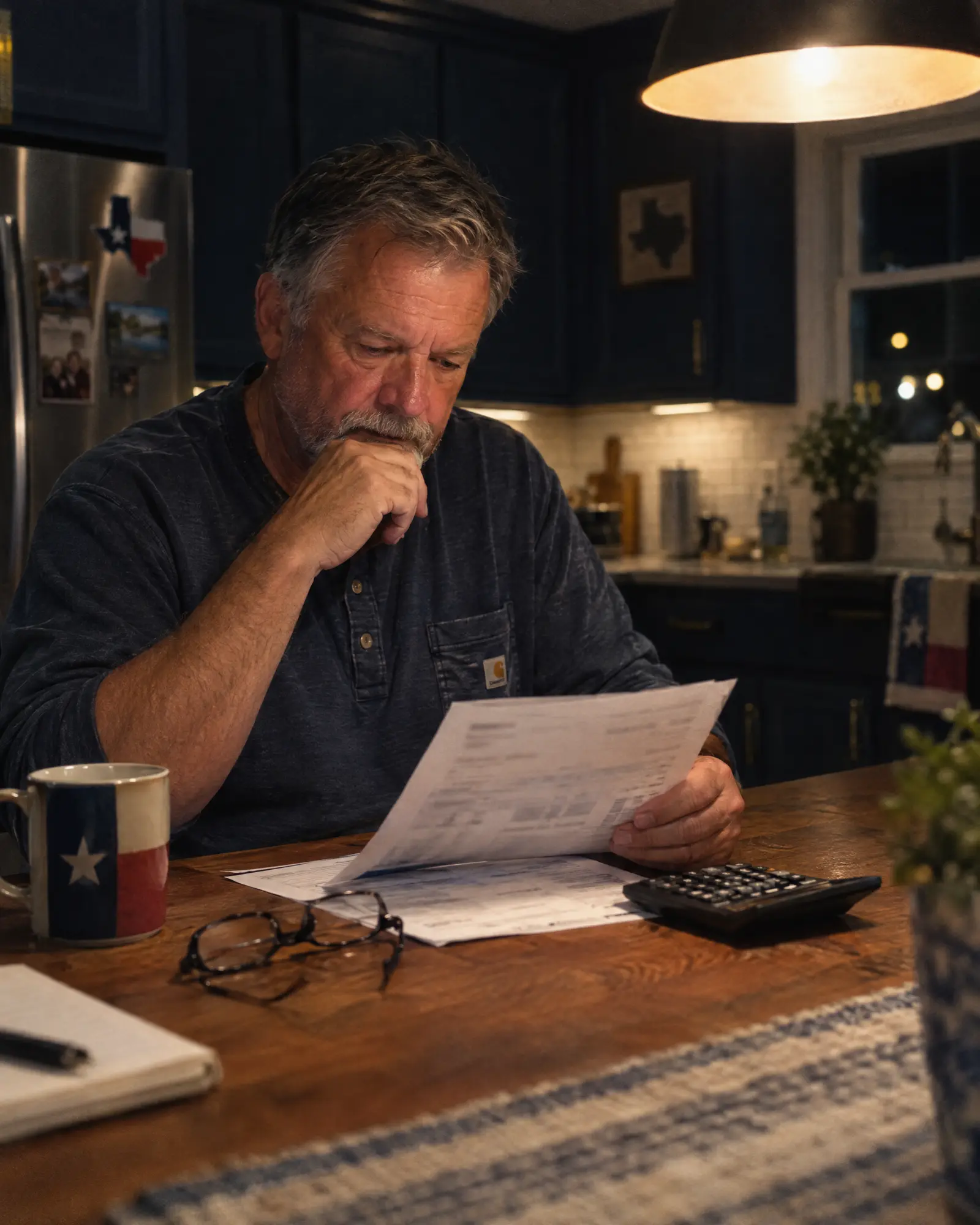 A Texas homeowner at a kitchen table reviewing a property tax statement