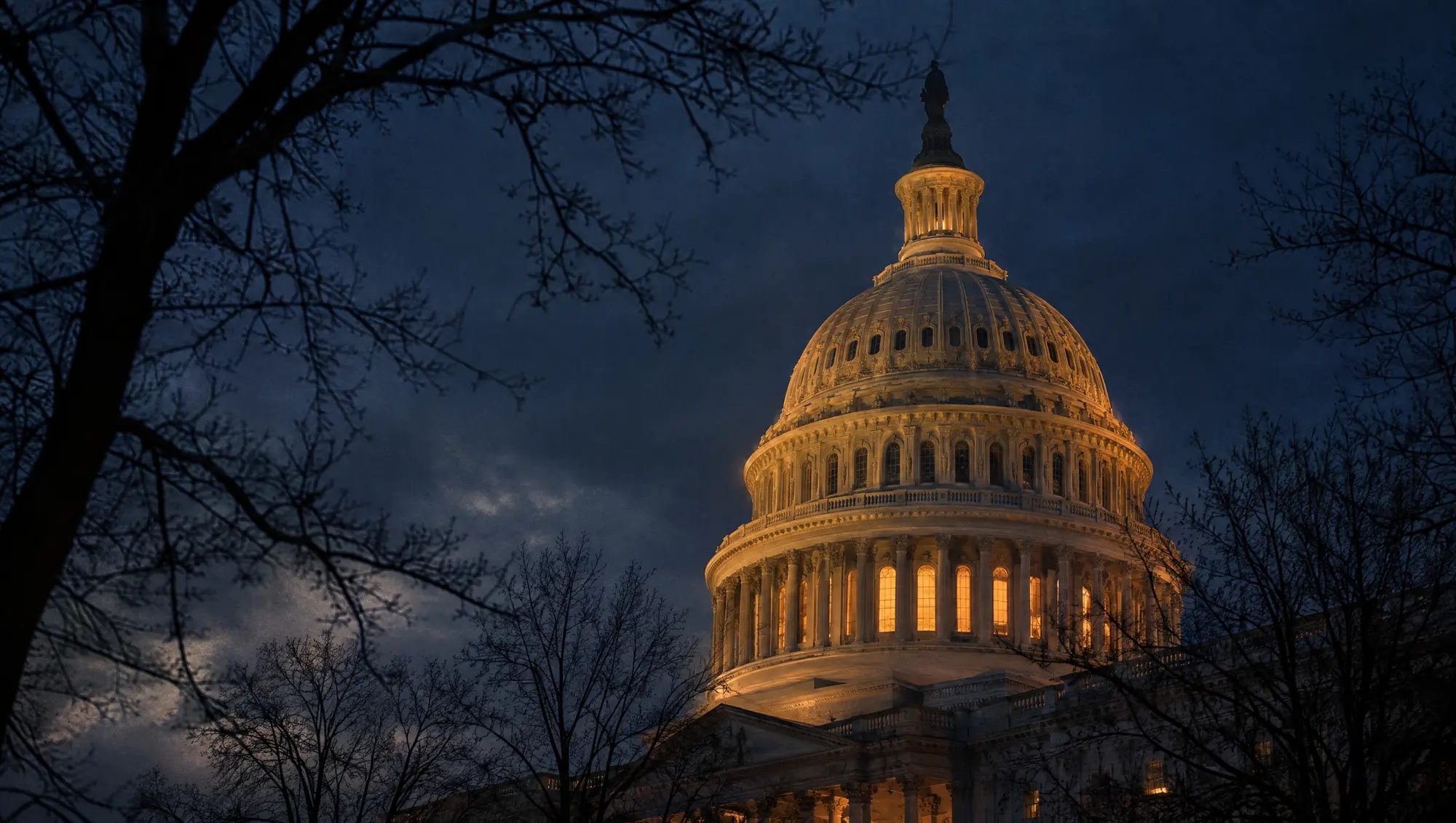 The United States Capitol dome lit at dusk