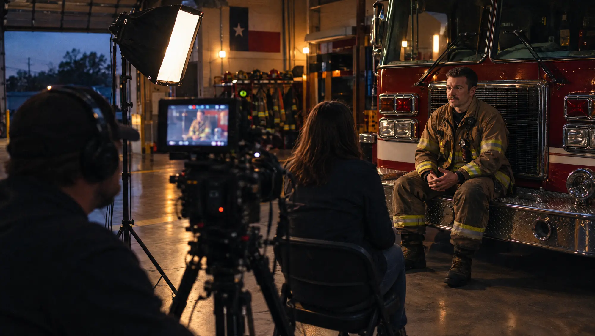 A video crew filming an interview with a firefighter seated on the bumper of a fire engine
