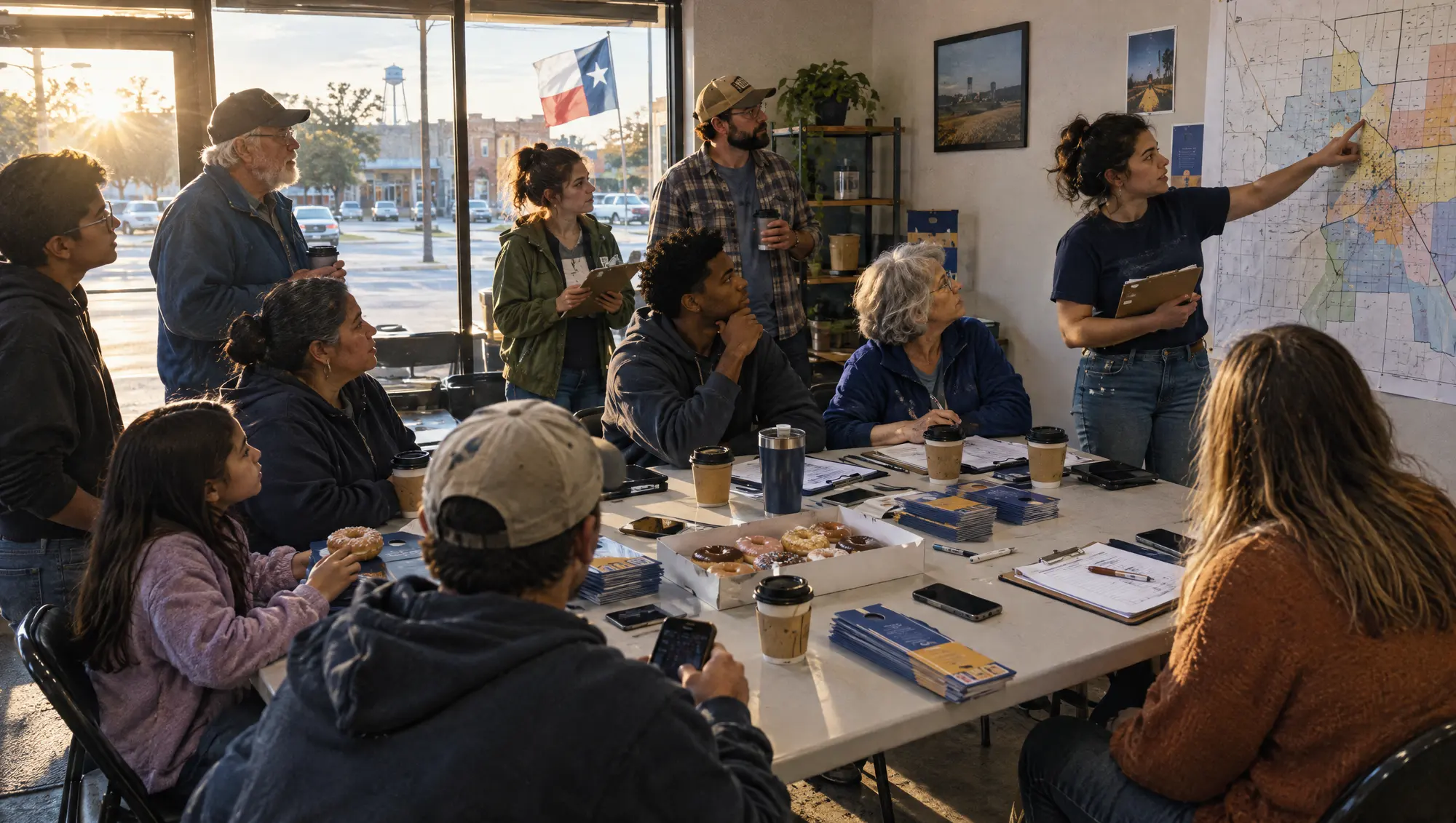 Volunteers gathered around a table with phones and door hangers while an organizer points to a precinct map