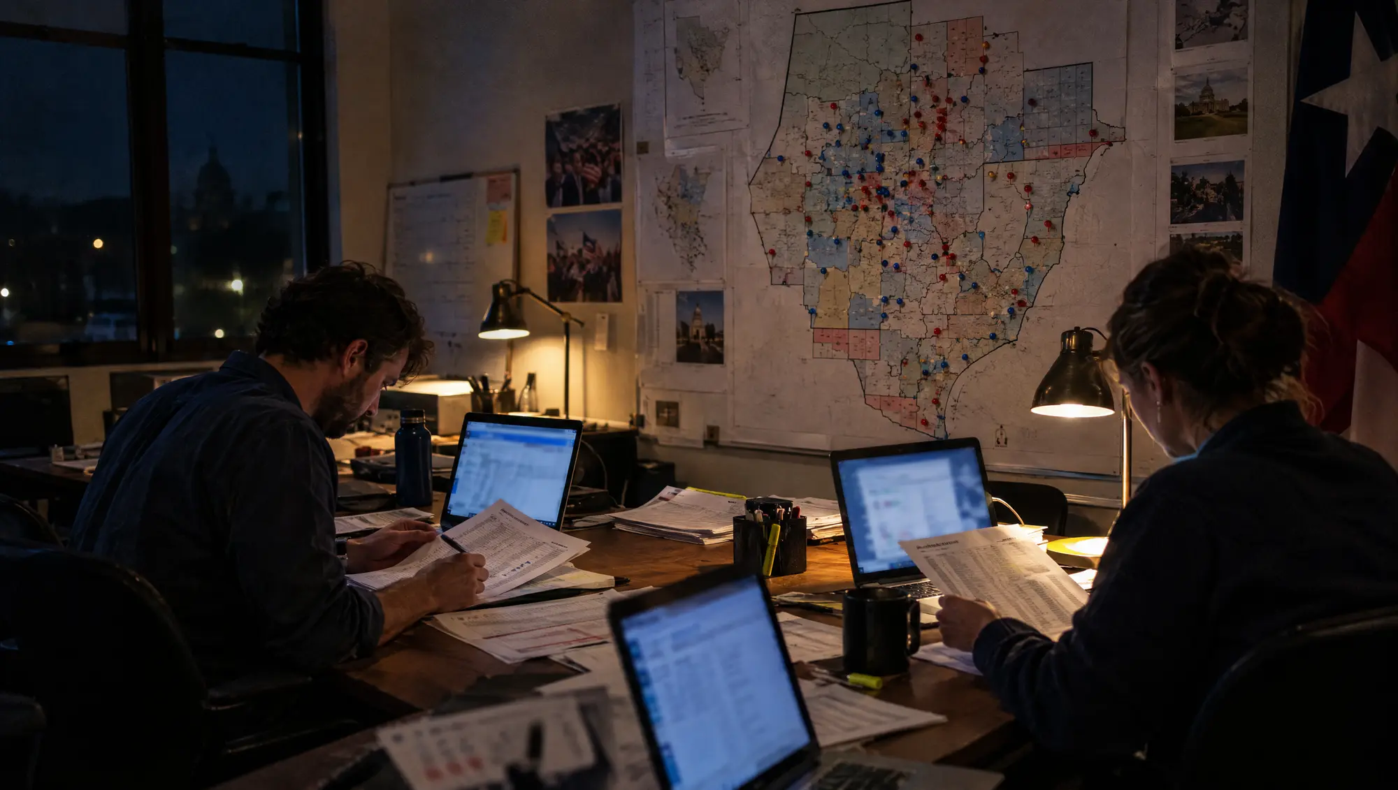 Two campaign staffers reviewing printed voter lists under a precinct map of a Texas county