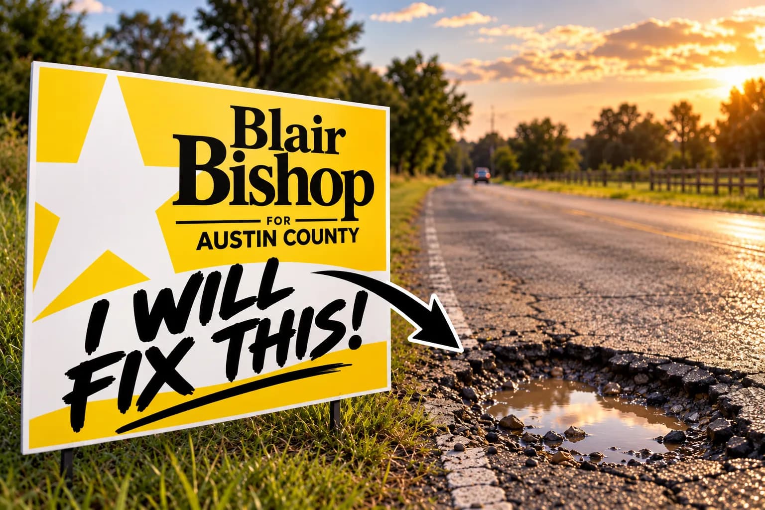 A yellow campaign yard sign reading "I will fix this!" with an arrow pointing at a water filled pothole on a rural road at sunset